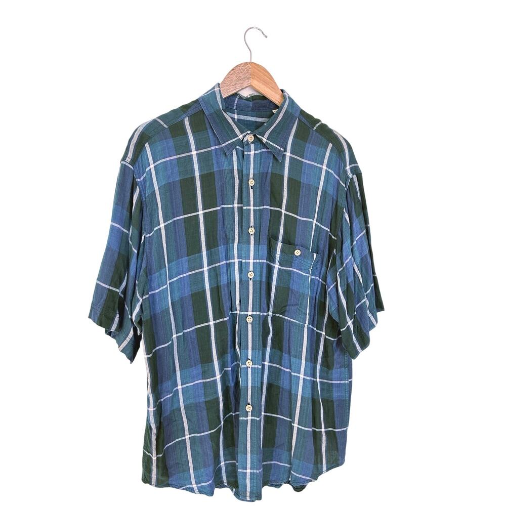 On The Brink button down, L, blue and green plaid spring men’s top